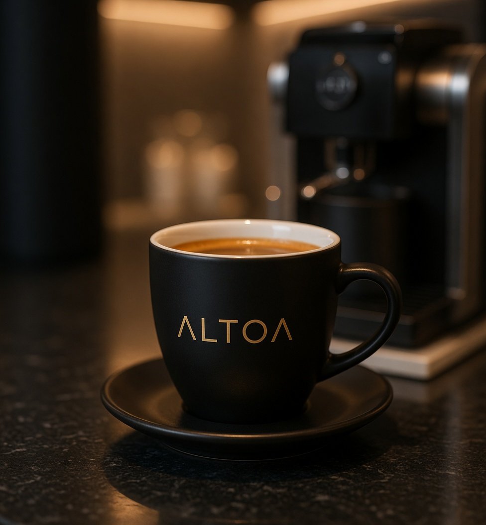 Xícara preta com a marca ALTOA em dourado, cheia de café espresso
